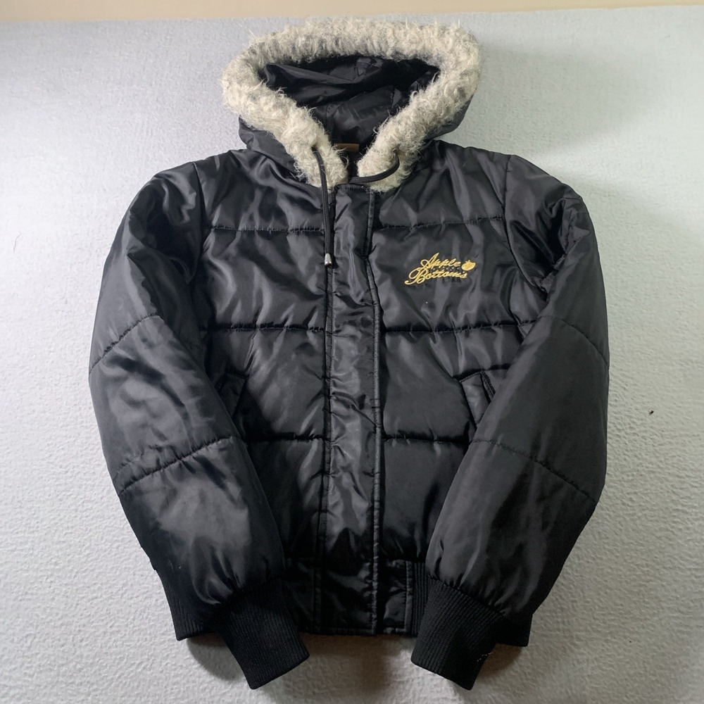 Apple Bottom Black Puff Crop Bomber Jacket With Fur Trim Size Small